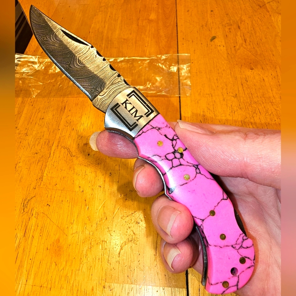 Damascus Steel Pink Personalized "Kim" Knife🔪